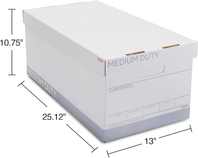 STAPLES Storage & Filing Box, Letter Size, Stackable, 12-Pack, White/Gray | Medium-duty boxes with handles and removable lid for document storage.