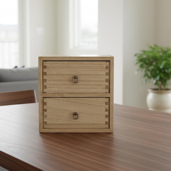 DDYURI Wooden Desktop Drawer Organizer Box 2-Tier Tabletop Cabinet Storage Organization for Makeup Dressing Table Light Brown