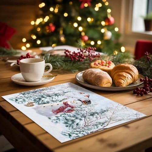 Christmas Placemats Set of 6, Snowman Squirrel Bird Heat Resistant Washable Dining Table Mats Xmas Holiday Farmhouse Decor for Kitchen&Linens Outdoor Indoor, Pine Tree Branch Snowflake