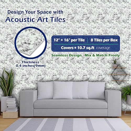 PINWELIFE® Acoustic Art Tiles – 8-Pack 12"x16" Sound Absorbing Panels, Seamless Wallpaper-Style Decorative Acoustic Wall Art, Echo Reduction for Home Studio/Office, Nano Tape Included