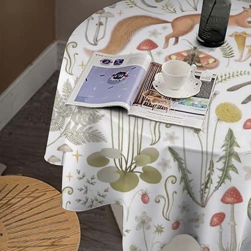 Country Forest Tablecloth, Wild Animal Hare Squirrel Owl Snake Snail Flowers Mushroom Table Cover for Tea Party Weddings Indoor Outdoor Dining, 36x36in