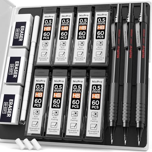 Nicpro 0.5 mm Mechanical Pencils Set with Case, Full Metal Pencil, 3 Pack