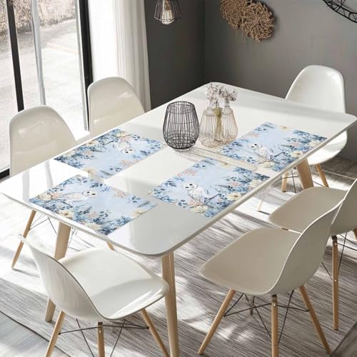 Blue Christmas Placemat 1PC, Winter Snowy Owl Poinsettia Eucalyptus Leaves Heat Resistant Washable Table Place Mats Cotton Table Linens Party Holiday Decor for Kitchen Dining Outdoor Indoor