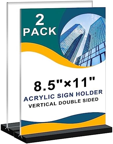 Acrylic Sign Holder 8.5x11 Vertical,Clear Double-Sided Stand Plastic Picture Frames Paper Holder Menu Table Display Stand Flyer Document Holder Tabletop Sign Holder for Home, Store Office,2Pack