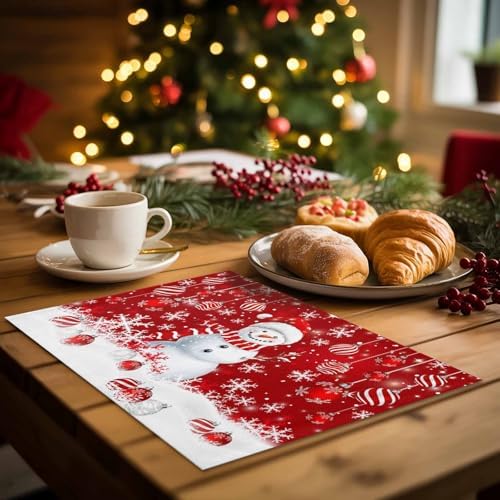 Christmas Placemats 1 Pack, Snowman Heat Resistant Washable Dining Table Mats Xmas Holiday Farmhouse Decor for Kitchen&Linens Outdoor Indoor, Snowflake Red Christmas Balls