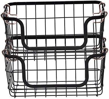 Amazon Basics Stackable Metal Wire Rectangular Storage Baskets for Kitchen, Bathroom or Pantry Organizing, 2 Count, Black