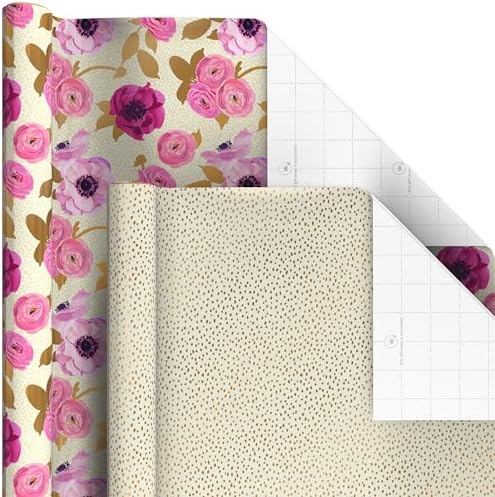 Hallmark Pretty Wrapping Paper with Cutlines on Reverse (6 Rolls: 180 Square Feet Total) Flowers, Butterflies, Stripes, Dots for Birthdays, Mother's Day, Valentine's Day