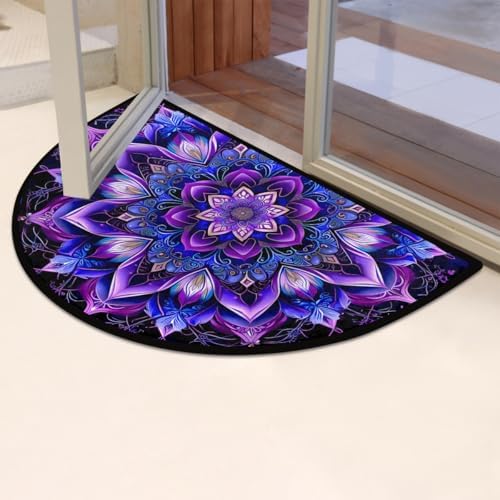 Half Round Door Mat Mandala Ethnic Boho Non Slip Washable Semi Circle Area Rug Absorbent Soft Half Moon Rug Floor Mat for Indoor Outdoor Kitchen Bathroom Patio Front Door Mat Decor
