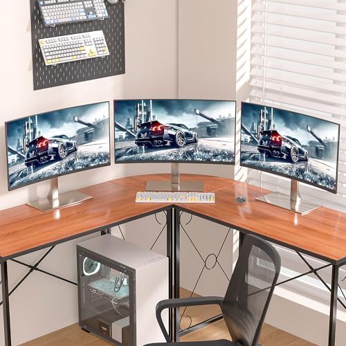 VECELO 59" L Shaped Computer Desk, Corner Computer Desk, Sturdy Home Office Computer Table for Small Space, Writing Desk, Larger Gaming Desk Workstation,Brown