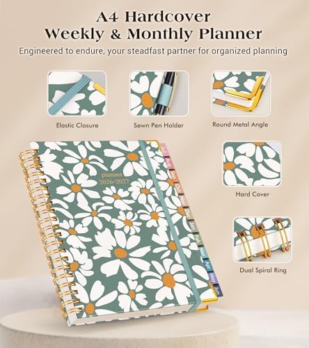 Academic Planner 2026-2027, Hardcover Weekly and Monthly Calendar Planner from July 2026 - June 2027, 8.5" x 11" A4 Large Daily Agenda with Tabs, College School Organizer for Student Teacher, Field of Daisies