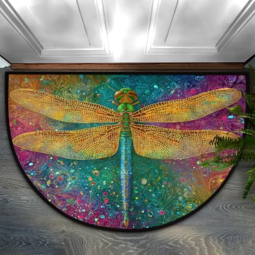 Dragonfly Animal Half Round Door Mat Non Slip Washable Semi Circle Area Rug Absorbent Soft Half Moon Rug Floor Mat for Indoor Outdoor Kitchen Bathroom Patio Front Door Mat Decor