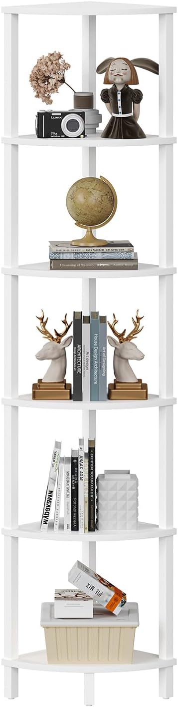 VIMBER Corner Shelf, 6-Tier Corner Bookshelf, Industrial Corner Ladder Shelf, DIY Storage Shelves, Modern Display Shelf for Living Room, Bedroom, Kitchen, Home Office, White UJSJ004W