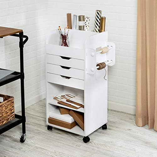 Honey-Can-Do Deluxe Rolling Craft Storage Cart with Locking Wheels | Organizer for 30-inch Wrapping Paper, Ribbon Spools, Tools & Supplies | 3 Drawers & Open Shelves