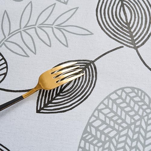 LIBERECOO Monochrome Leaf Whisper Vinyl Tablecloth with Flannel Backing – Elegant Black & White Leaf Design – Waterproof, Durable, Lightweight