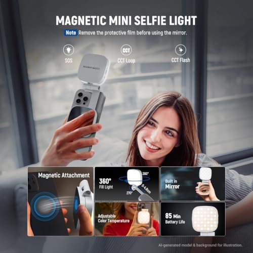 NEEWER Basics Magnetic Selfie Light Compatible with MagSafe iPhone, 2W CRI95+ Bi Color Swivel Small LED Phone Fill Lighting, 680lx/0.3m, Mirror for Vlog Recording Makeup Video Conference, NL45B White