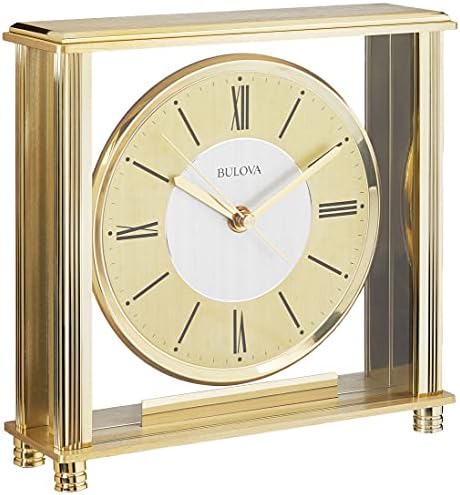 Bulova B1700 Grand Prix Table Clock | Brass MetalFinish | Glass Enclosure with Two-Tone Metal Dial | Quiet Sweep | Elegant Desktop Timepiece for Offices & Collectors