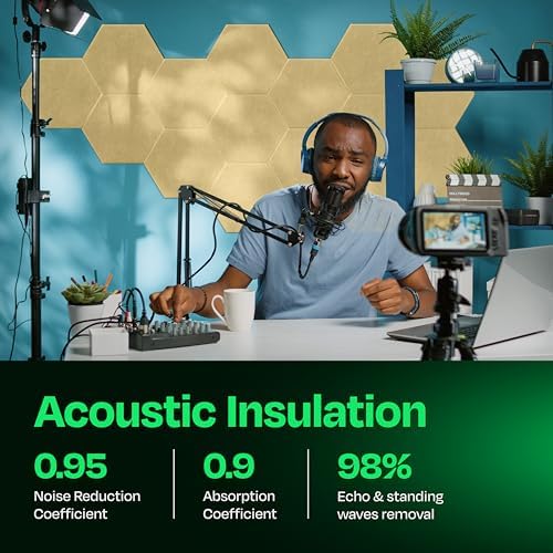 Acoustic Panels 12-Pack Soundproof Wall Panels 14"X12.1"X0.4" Sound Panels High Density Sound Dampening Panels - [Cancun Sand Hexagon]