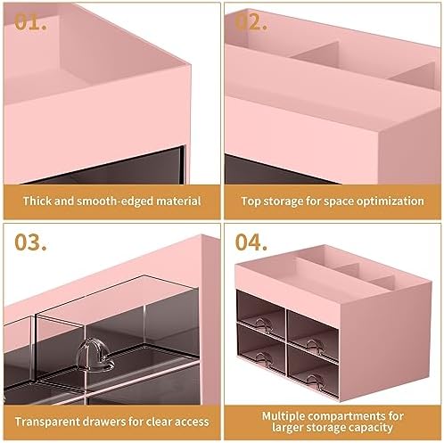 Marbrasse Pen Organizer with 4 Drawer, Multi-Functional Pencil Holder for Desk, Desk Organizers and Accessories with 4 Compartments + Drawer for Office Art Supplies (pink)