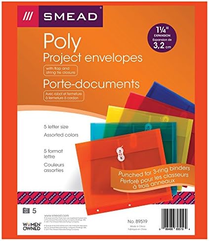 Smead Poly Project Envelope, 1-1/4" Expansion, String-Tie Closure, Side Load, Letter Size, 5 per Pack (89519)