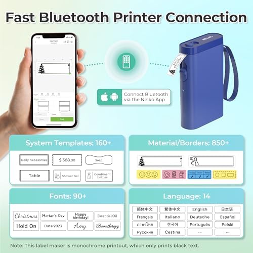 Nelko P21 Label Maker Machine with Tape, Bluetooth Label Printer, Blue
