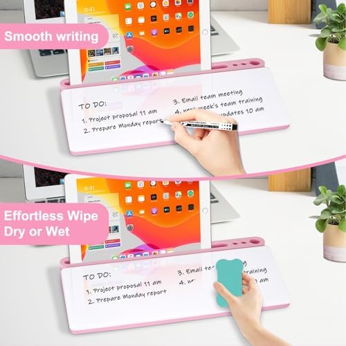 Desktop Glass Whiteboard with Storage, Desk Dry Erase White Board Pink