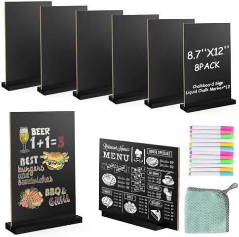 EHWINE Chalkboard Easel Sign Set, 8 Pack 8.7 x 12 Inch Double-Sided Wooden Boards with Acrylic Base, Chalk Markers Included, for Wedding, Restaurant, Tabletop Menu Display, Party and Event Decor