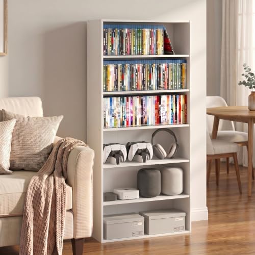 Furinno Basic DVD Shelf, 6-Tier Media Shelf, CD Rack, White | 7 x 24 x 53, Open Shelf for DVD Blueray Game Disc, Cube Storage Organizer, for Living Room, Bedroom, Home Office