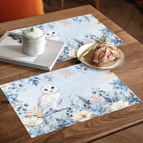 Blue Christmas Placemats Set of 4, Winter Snowy Owl Poinsettia Eucalyptus Leaves Heat Resistant Washable Table Place Mats Cotton Table Linens Party Holiday Decor for Kitchen Dining Outdoor Indoor