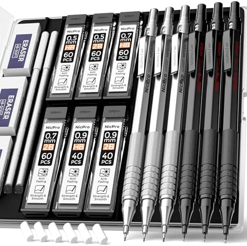 Nicpro 0.5 & 0.7 & 0.9 mm Metal Mechanical Pencil Set with Case-6 Pack
