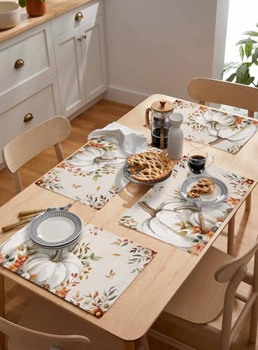 Fall Floral Leaves Placemats Set of 6, Thanksgiving Pumpkins Heat Resistant Washable Table Place Mats Boho Cotton Table Linens Party Holiday Decorations for Home Kitchen Dining Table Outdoor Indoor,