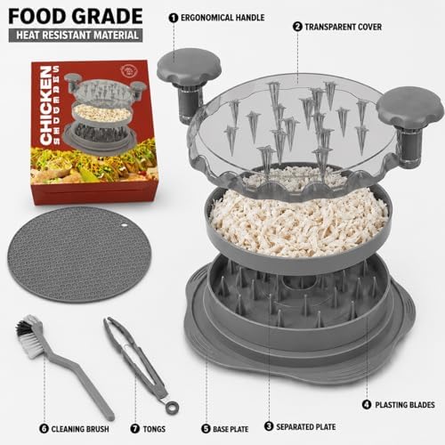 Premium Large Chicken Shredder Tool with Suction Base 2026 – Twist Meat Shredder with Ergonomic Handle & Anti-Slip Grip – Transparent Lid for Easy Shredding Chicken & Beef (Light Grey)