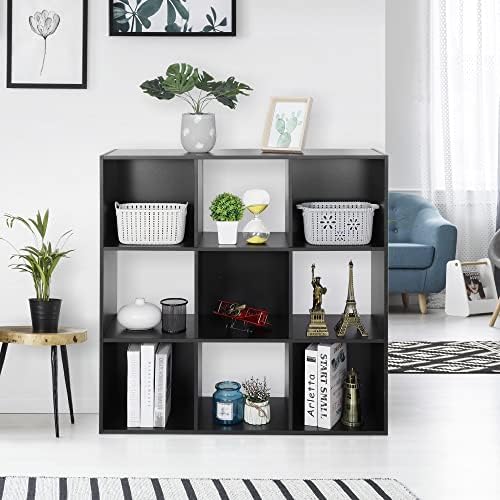 SUPER DEAL 9 Cube Open Shelf Bookcase 3 Tier Bookshelf Wood Cabinet Storage Organizer Display Shelves with 5 Removable Back Panels for Home, Office, Bedroom, Living Room, Black