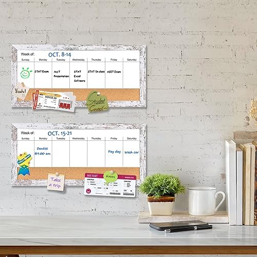 Magnetic Weekly Whiteboard and Cork Board, White Wood Frame, 16" x 8"