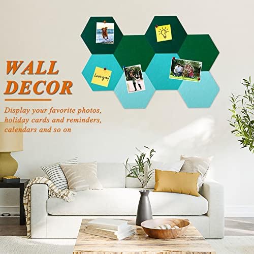 8Pcs Hexagon Felt Cork Board Tiles, Self Adhesive DIY Bulletin Board Pin Board for Office School Home Wall Decor Stickers Memos Photos Display (Gradual Green)