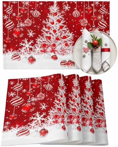Red Christmas Placemats Set of 6, White Xmas Tree Snowflakes Red Balls Heat Resistant Washable Table Place Mats Winter Cotton Table Linens Party Holiday Decor for Kitchen Dining Outdoor Indoor