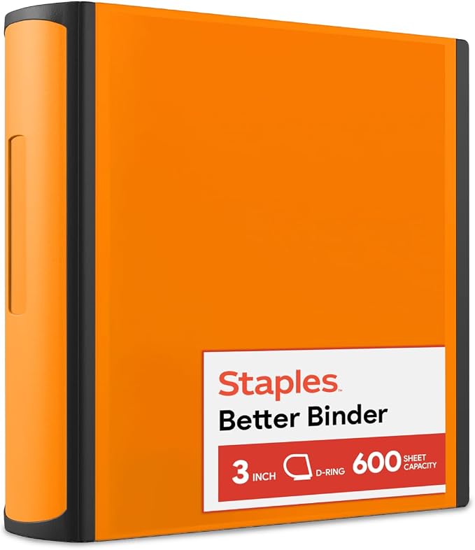 Staples 3 Inch D-Ring Heavy-Duty View Binder, Orange, Holds 600 Sheets | Reinforced 3-ring construction for school and office document storage.