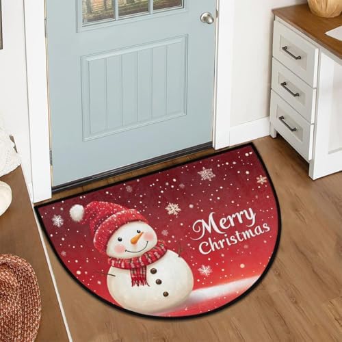 Merry Christmas Cute Snowman Half Round Door Mat, Non-Slip Welcome Indoor Entrance Way Rug Semi Circle Front Doormats Washable Bathroom Kitchen Floor Mat, Outdoor Rugs for Garage, Patio, Hearth Rug