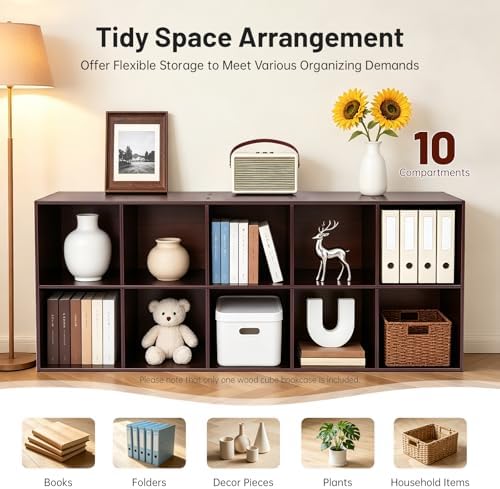 10 Cube Storage Organizer - Pine Wood Bookshelf - Cube Shelf - Vertical or Horizontal Bookcase - Open Book Shelf - Easy Assembly for Bedroom, Living Room, Office - Brown