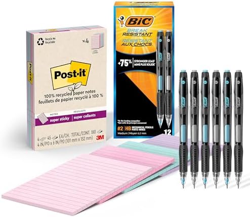 BIC Break Resistant Mechanical Pencils with Erasers, No. 2 Medium Point, 12-Count Pack and Post-it 100% Recycled Paper Super Sticky Notes, Lined, 4 in. x 6 in., 4 Pads, 45 Sheets per Pad