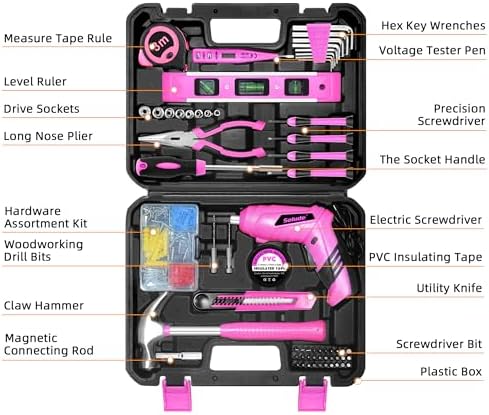 Pink Tool Set for Women,130 Piece Home Tool Kit for Women with 3.6V Cordless Rechargeable Screwdriver,Basic Household Tool Kit Set for New Home,Apartment,College Dorm & DIY Projects