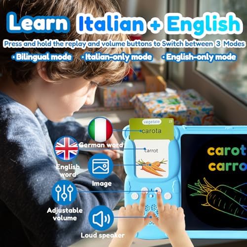 Writing Tablet with Bilingual Flash Cards for Kids, Italian Blue