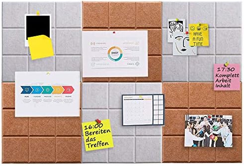 Large Felt Board Tiles for Wall with 30 Push Pins, 11.8"x11.8" Pack of 6 Pin Board Notice Boards for Home Office Kitchen, Bulletin Board Wall Tiles for Photos Memos (Orange+Grey, 6 Pack)