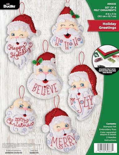 Bucilla Felt Applique 6 Piece Ornament Making Kit, Holiday Greetings, Perfect for DIY Arts and Crafts Projects, 89663E
