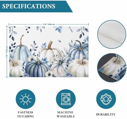 Fall Thanksgiving Placemats 1 Pack, Blue White Pumpkin Heat Resistant Washable Dining Table Mats Fall Holiday Farmhouse Decor for Kitchen&Linens Outdoor Indoor, Autumn Flowers Eucalyptus Leaves