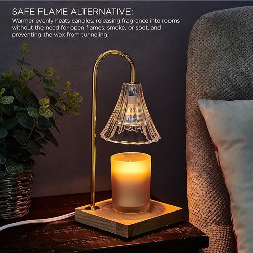 Mikasa 13.8 Inch Electric Candle Warmer with Clear Glass Shade and Dimmer - Flameless Wax Melter Lamp with Halogen Bulb, Wooden Base, Gold Accents for Home Decor and Fragrance