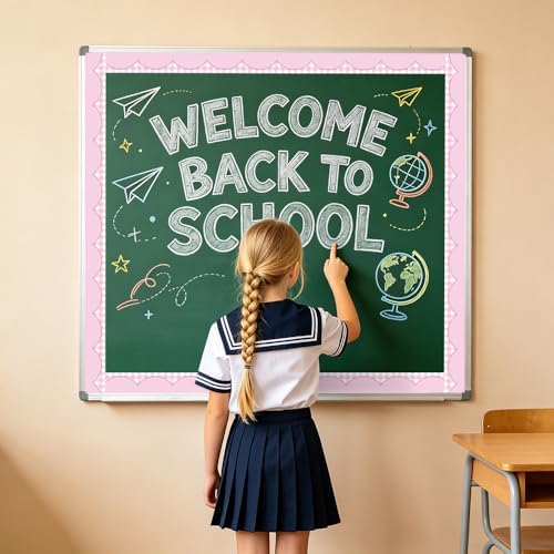 50ft Checkered Bulletin Board Borders, Checkerboard Straight Trim Border with Scalloped Edge Print, Classroom Decor for Chalkboard Whiteboard Back to School Supplies, Pink and White