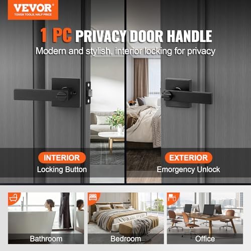 VEVOR Privacy Door Handle, 10-Pack Matte Black Interior Door Lever, Left or Right Handing Reversible Lever with Keyless Turn Lock, 45° Rotation to Open, Door Handles for Bedroom and Bathroom Doors