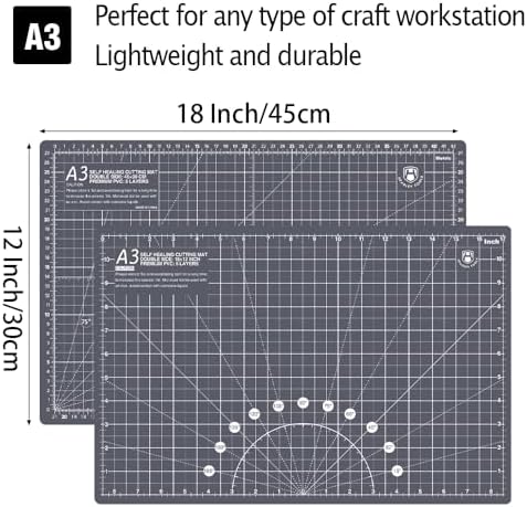 Headley Tools 18"x12" Thickened Self Healing Cutting Mat, A3 Rotary Cutting Sewing Mat for Crafts, Double Sided 5-Ply Table Cutting Board for Fabric Quilting Leather Arts Hobby Project, Grey