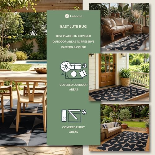 Lahome Semi Circle Front Porch Rug, Black 3x5 Easy Jute Outdoor Patio Rug