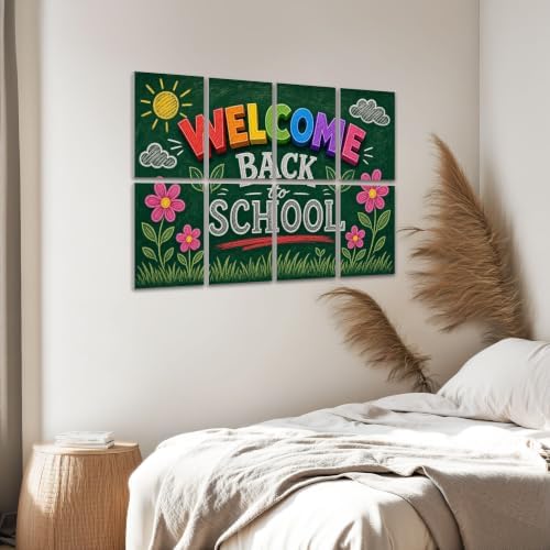 8 Pack Art Acoustic Panels Sound Absorbing Welcome Back to School Chalkboard Art Colorful Letters Floral Details Decorative Soundproof Wall Panels Self Adhesive for Home Recording Studios 48"x32"